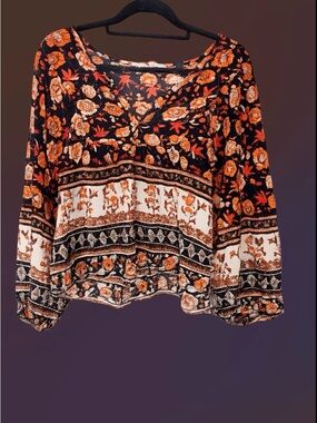 New York & Company Floral Border Print Blouse in Black and Orange